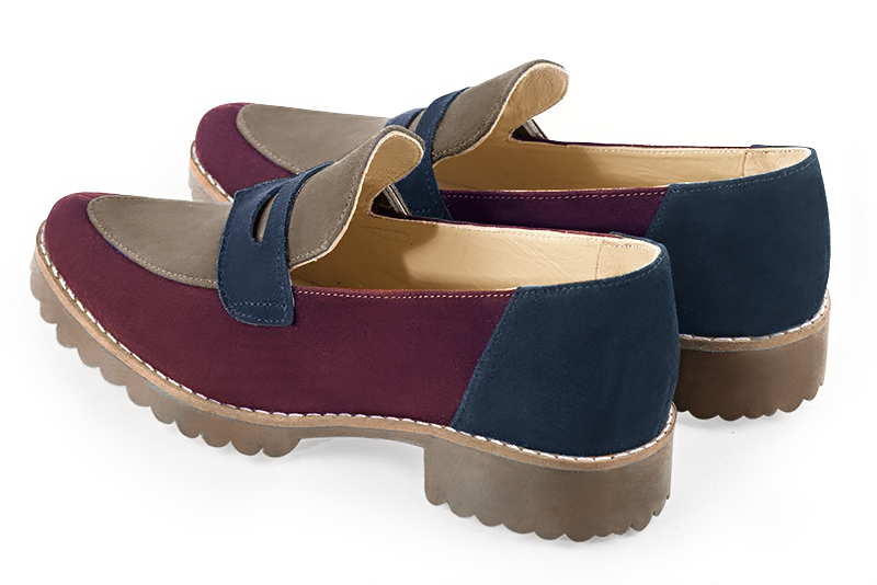 Wine red, tan beige and navy blue women's casual loafers. Round toe. Flat rubber soles. Rear view - Florence KOOIJMAN